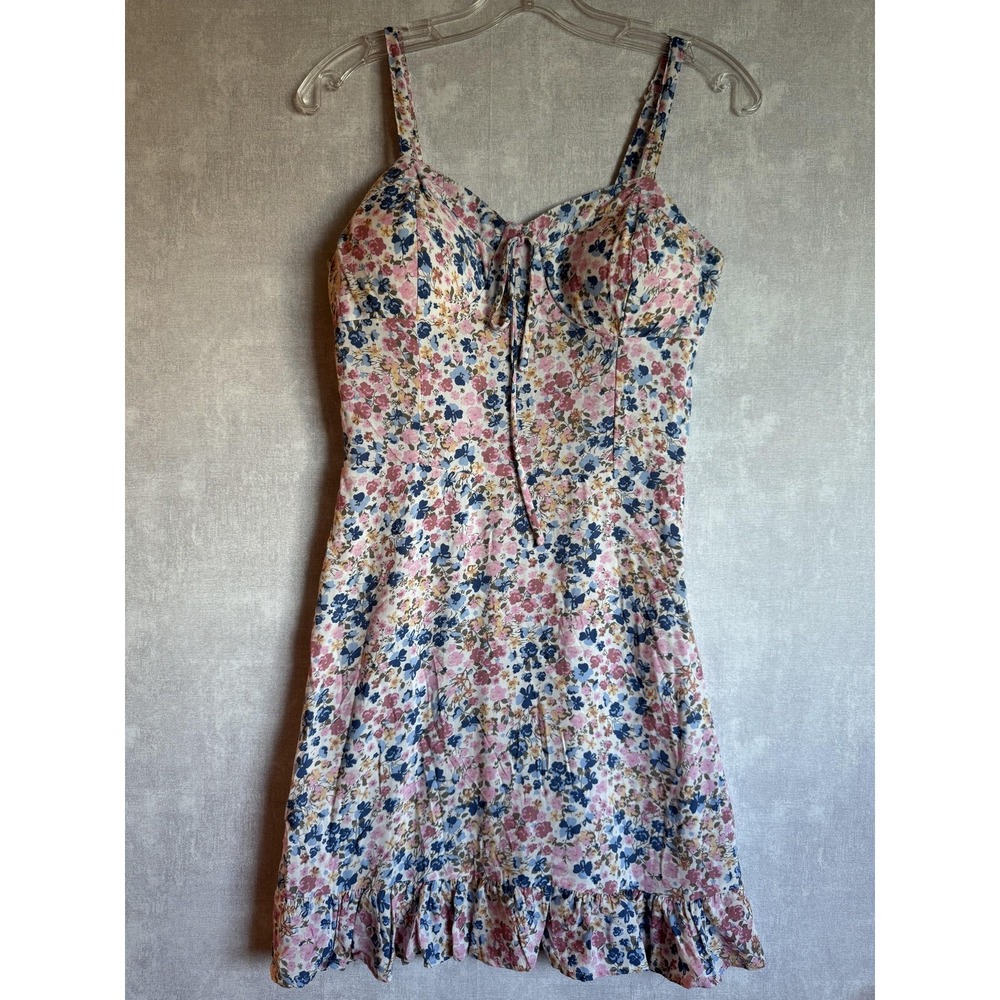 Floral Sundress Womens Medium Pink Blue Ruffle Mini Babydoll‎ Summer Fairy